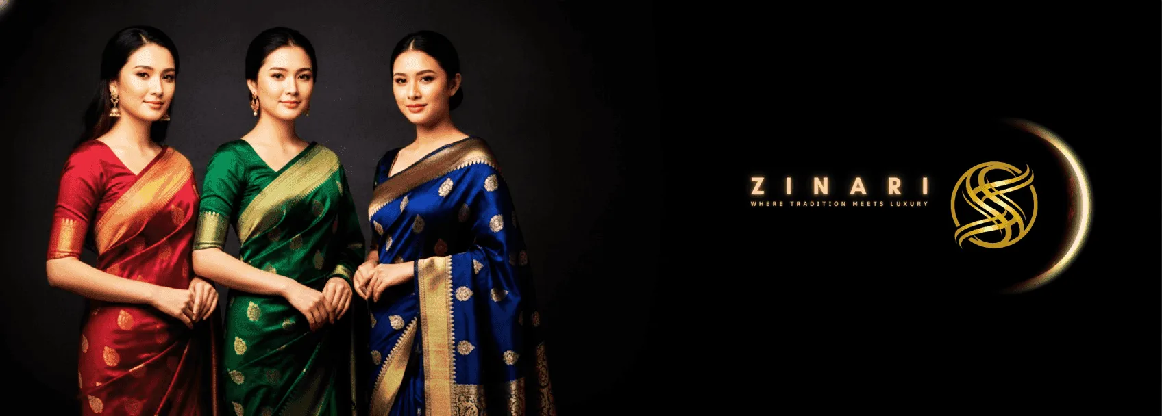 Women wearing Zinari silk sarees in red, green and blue